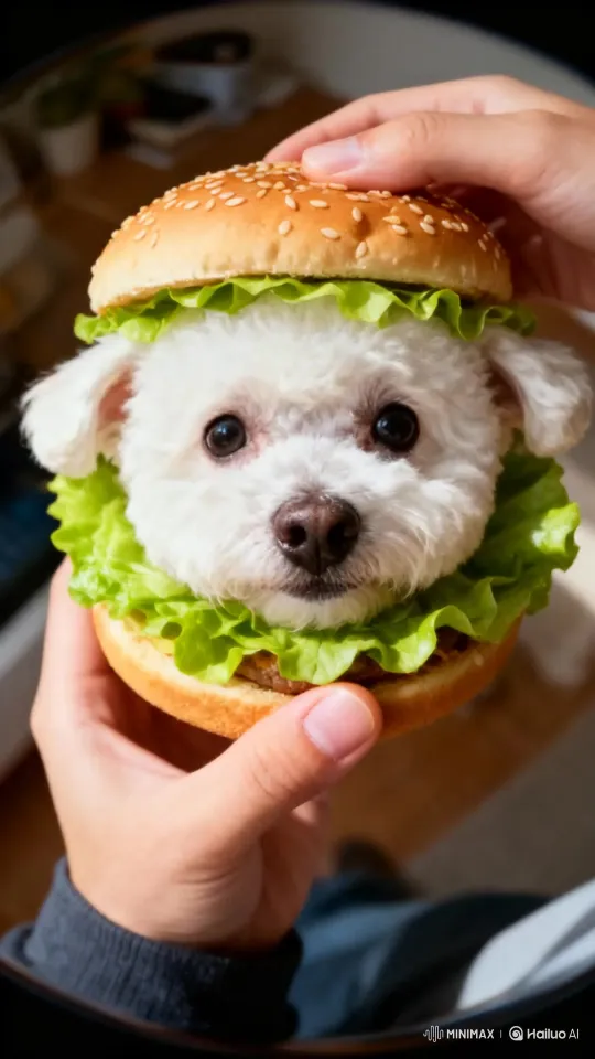 Create a Pet Hamburger Video with Your Pet's Photo - Upload your pet's photo to create an adorable hamburger pet video cover image by Hailuo AI Video Generator