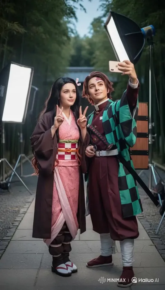 Anime Cosplay Interaction: Live-Action Scene - Upload two anime characters to generate a live-action cosplayer interaction scene cover image by Hailuo AI Video Generator