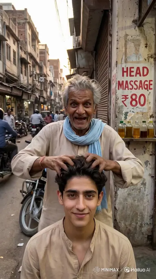 Photo to Funny India Street Massage Video - Upload a photo to generate a funny video of experiencing a massage on the streets of India cover image by Hailuo AI Video Generator