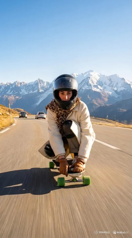 Photo to Video: Snowy Longboard Cow Leap - Upload photo to generate longboarding video leaping over cow on snowy road cover image by Hailuo AI Video Generator