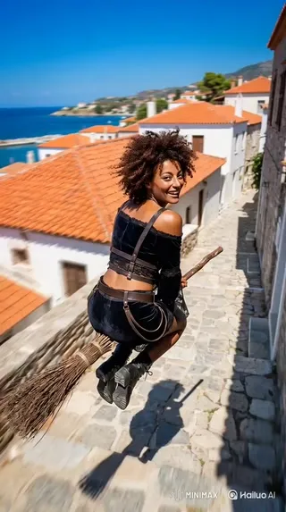 AI Broom Flight Scene: Mediterranean Alleys - Upload a photo to generate a scene of flying on a broom through Mediterranean alleyways cover image by Hailuo AI Video Generator