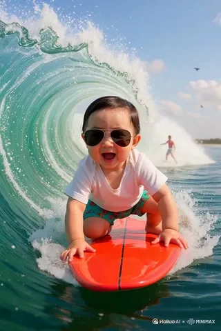 Fun Baby Surfing Videos from Your Photos - Upload a baby photo to generate a fun surfing video of the baby. cover image by Hailuo AI Video Generator